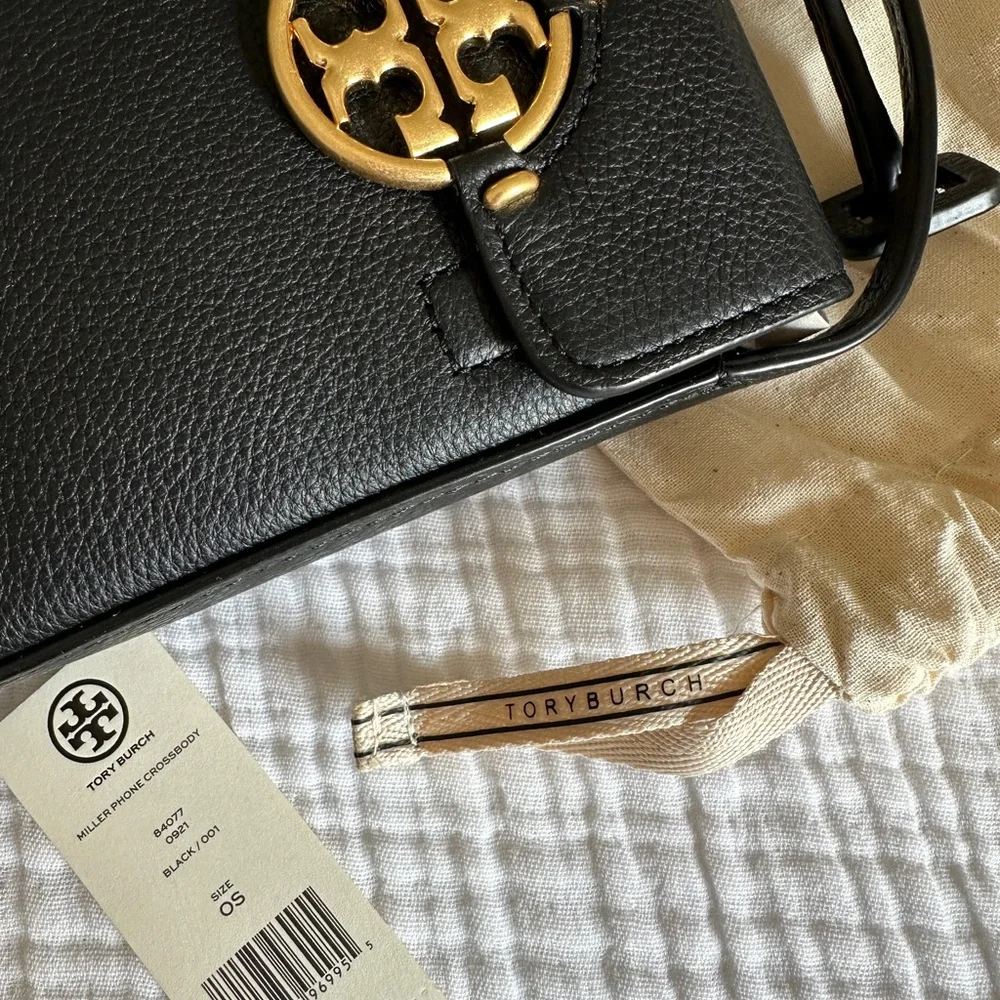 Tory Burch Black Crossbody Phone Bag with Gold Logo